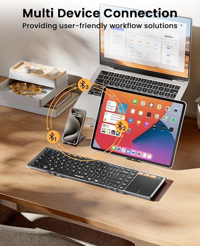ProtoArc Foldable Keyboard with Touchpad, XK01 TP Folding Portable Keyboard, Full Size Keys, Large Trackpad Bluetooth Travel Keyboards for Laptop PC Tablet - Gray