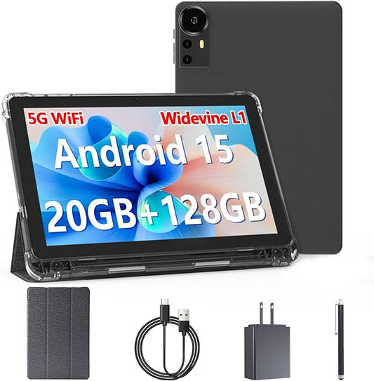 Android 15 Tablet 10 inch Tablets, 20GB RAM 128GB ROM 2TB Expand, 2.0Ghz CPU Quad-Core Processor Tablet PC with Case and Stylus, 5G WiFi6, BT5.0, 6000mAh Battery, Dual Camera, Widevine L1, GMS, Black