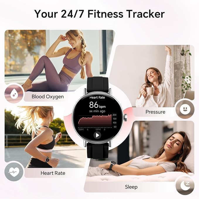 Gydom 1.27” Smart Watch for Women Men Compatible iPhone & Android (Answer/Make Call), Activity Fitness Tracker with 101+ Sports Modes, Heart Rate/SpO2/Stress/Sleep/Period Monitor, 2 Bands, IP68, Black