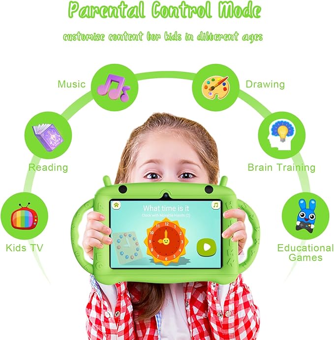7 inch Tablet for Kids 2-10, Educational Learning Toddler Tablet Android 12 with Shockproof Case, 2GB RAM+32GB ROM, Parental Control, Dual Camera, Gift for Boy Girl（Green）