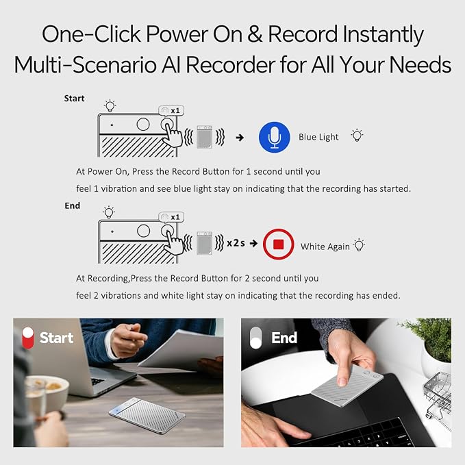 AI Voice Recorder, NoteCard Voice Recorder with case, App Control, Real Time Transcribe & Summarize with AI Technology, Multi-Language, Long Battery Life Meetings/Class/Lectures (Silver)