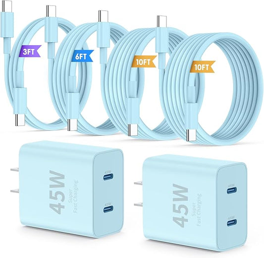 QZIIW iPhone 16 15 Pro Max Charger Fast Charging,45W Dual Port USB C Fast Charger Block [2-Pack] & Extra Long 60W 3/6/10/10FT USB C Cable - PD Quick Adapter 3.0 for iPhone 16 15/16 15Pro/16 15 Plus.