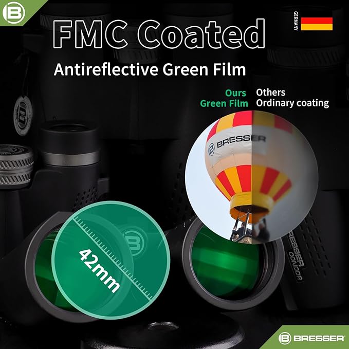 BRESSER 8x42 Binoculars for Adults High Powered with HD Optical System, FMC Green Film BAK4 Prism, Non-Slip Grip, Waterproof, Fogproof, Shockproof for for Hunting Bird Watching Travel Football Games