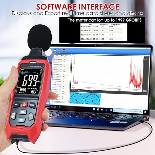 Decibel Meter Data Logger Digital Sound Level Meter with Alarm, A/C/Z Weighting dB SPL Meter 30~130dB, 1999 Data Record, Noise Measure Device with Data Hold Backlight for Home, Factory, Classroom
