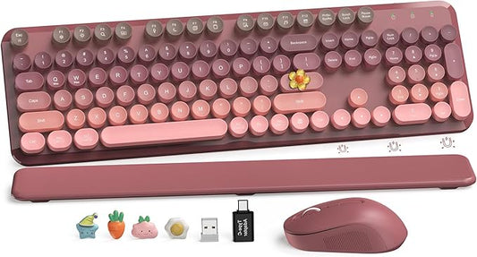 Wireless Keyboard and Mouse Combo, Cute Retro Typewriter Keyboard with Round Keycaps, Magnetic Wrist Rest, Full-Size Aesthetic Design, 2.4GHz Wireless for Mac, Windows PC, SABLUTE CK23, Pink Gradient