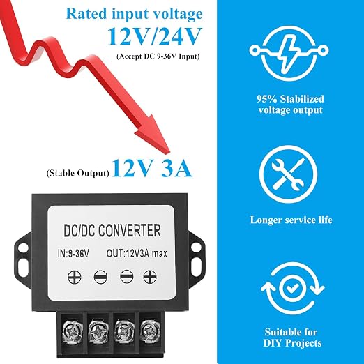 9-36V to 12V 3A 36W DC Converter IP67- Dustproof Voltage Converter with Screwdriver - for Trucks/RVs/Solar/Ships/Buildings in Harsh Environments - Shockproof/Dustproof