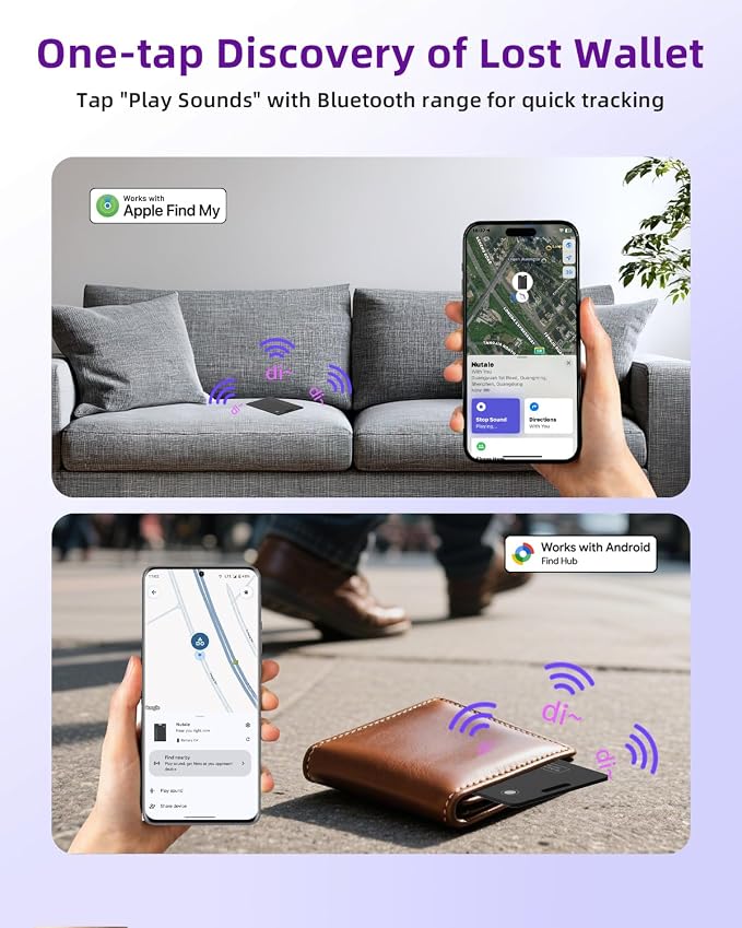 Thin Wallet Tracker Card, Find My or Google'S Find Hub App, Dual System Both iOS and Android Tracker Card, Item Finder for Luggage Passports, Phone,IP68 (1-Black)