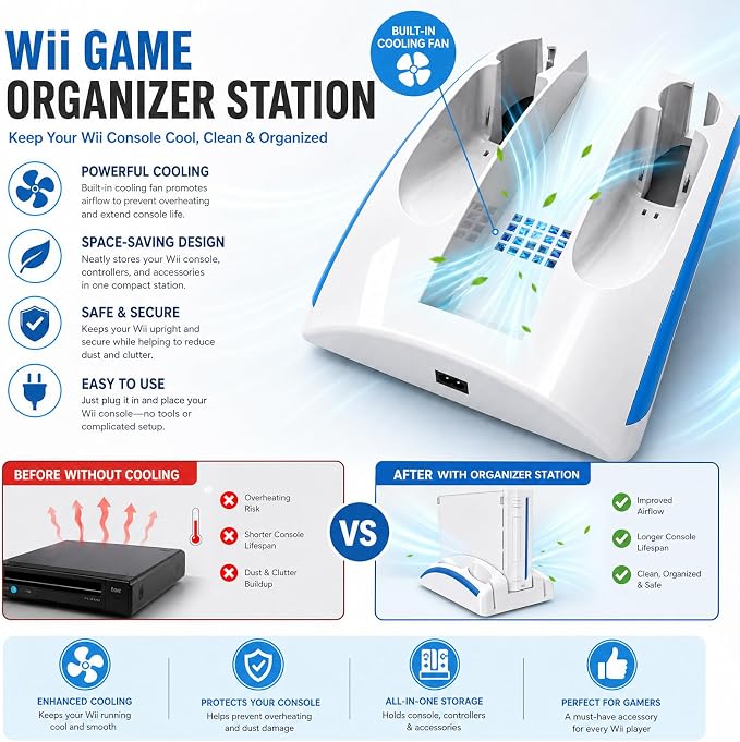 Wii Console Game Organizer Station,Wii Remote Charger Stand Base, 2 Pcs Rechargeable Battery Compatible with Nintendo Console Nunchuk Kit (White)