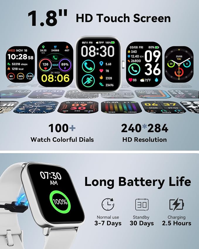 Quican Smart Watch for Women Men, Compatible for iPhone and Android Phones | 1.8" Fitness Tracker Watches, Alexa Built-in, Waterproof /Bluetooth Calling, Heart Rate/Sleep Monitor, Perfect Smart Gift