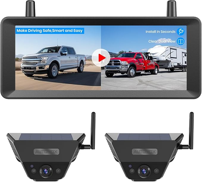 AUTO-VOX Dual Solar Wireless Magnetic Backup Camera: 2-Min Easy Install, 7.2" 1080P Split-Screen DVR Monitor, Wall-Mount & Hitch Back Up Camera, IR Night Vision, IP69K Waterproof for Truck,RV, Trailer