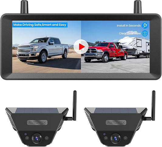 AUTO-VOX Dual Solar Wireless Magnetic Backup Camera: 2-Min Easy Install, 7.2" 1080P Split-Screen DVR Monitor, Wall-Mount & Hitch Back Up Camera, IR Night Vision, IP69K Waterproof for Truck,RV, Trailer