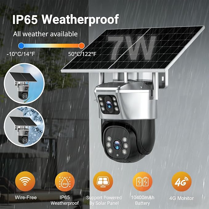 4G Solar Security Camera, 2K Dual-Lens Outdoor Camera Wireless with Human Detection, Two-Way Audio & Color Night Vision, 10400mAh Battery Powered Cameras, Cloud & SD Storage, Compatible with Alexa