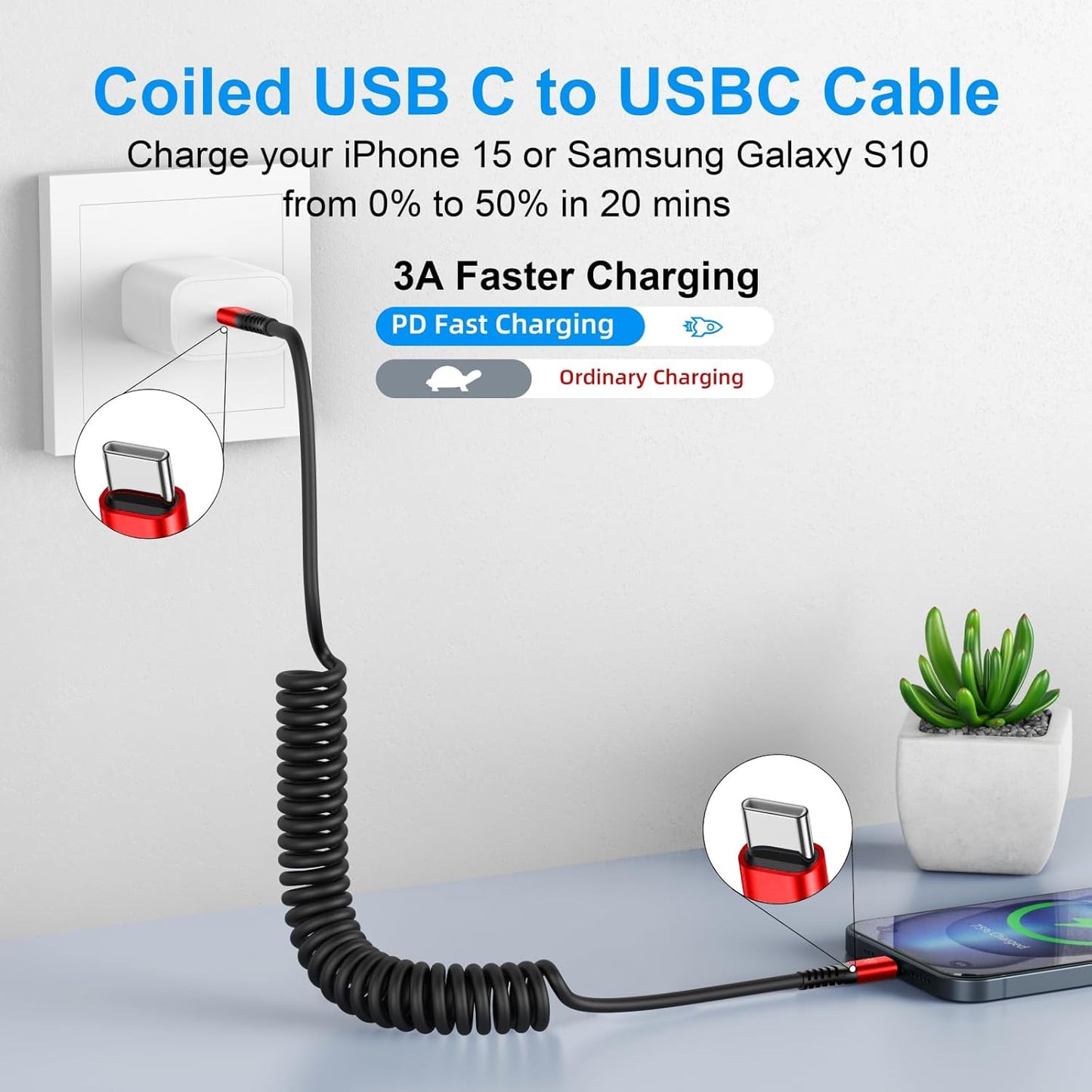 Coiled USB C Cable for Car 3FT & 6FT, USB C to USB C Fast Charging Cable USB Type C Cord Compatible with iPhone 16/15/Plus/Pro/Pro Max/MacBook Pro 2020/iPad Pro 2020/iPad Air 4/Samsung Galaxy S23-Red
