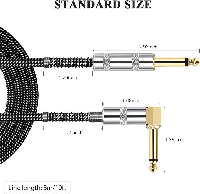 JOLGOO Guitar Cable, 1/4 Inch Cable 10 Ft, Straight to Right Angle 6.35mm Plug Bass Keyboard Instrument Cable, Black and Gray Tweed Cloth Jacket, Electric Mandolin, pro Audio