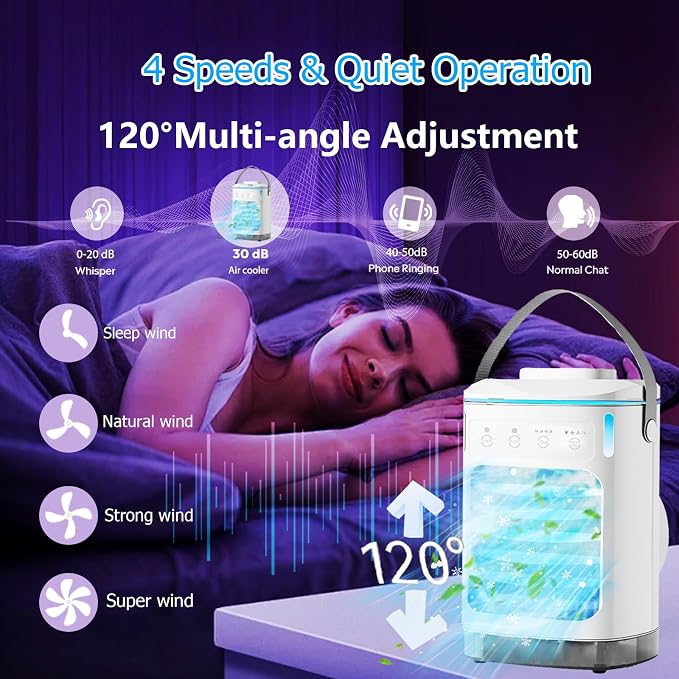Portable Air Conditioners, Personal Air Conditioner with 3 Speeds & 2/4/6/8H Timer, 7 Color Light & 900ml Large Tank, Dual Mist & Icebox, Evaporative Air Cooler AC Cold Fan for Bedroom Office Desk Car