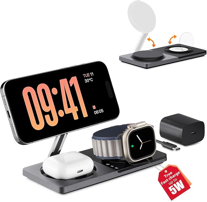 PETINO 3 in 1 Wireless Charging Station for Apple Devices with MagSafe | For iPhone 17/Air/16/15/14/13/12, AirPods & Apple Watch, Foldable Portable Aluminum Charging Stand, Adapter Included