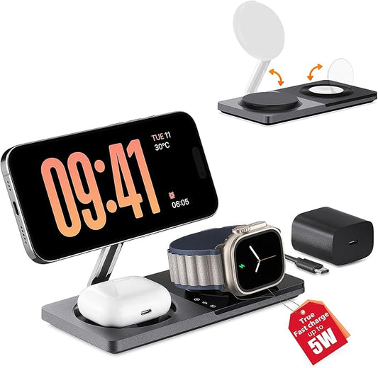 PETINO 3 in 1 Wireless Charging Station for Apple Devices with MagSafe | For iPhone 17/Air/16/15/14/13/12, AirPods & Apple Watch, Foldable Portable Aluminum Charging Stand, Adapter Included