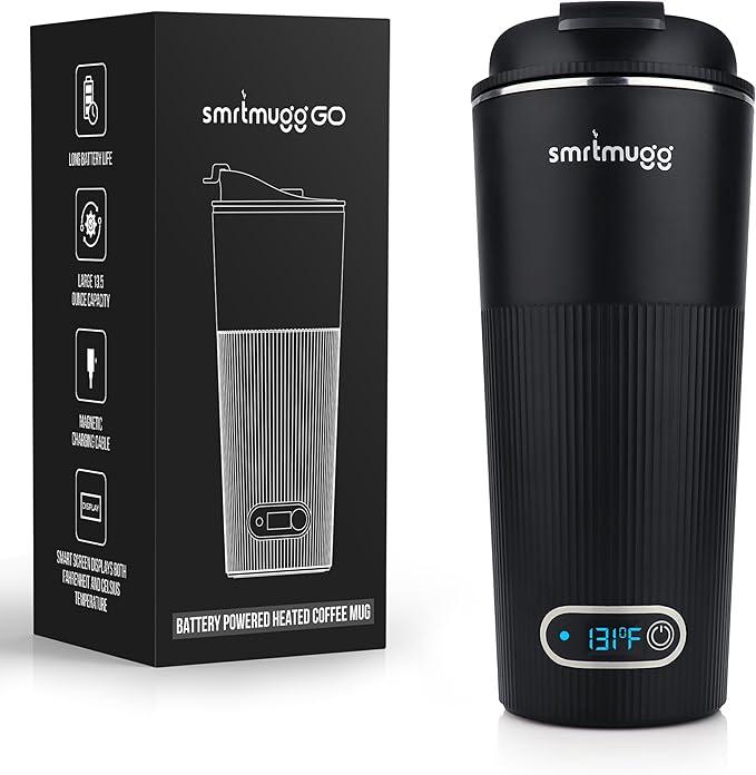 SmrtMugg GO Heated Coffee Mug, Travel Mug, 13.5 OZ. Smart Mug, Battery Powered Heated Coffee Mug, Great for Coffee and Tea, Snap on Magnetic Charging Cord, adjustable temperature (Black)