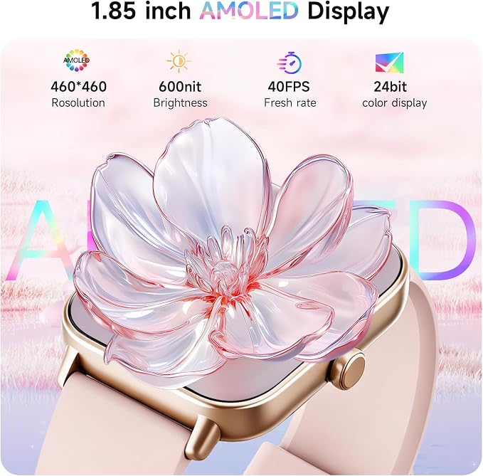 Smart Watch for Women,1.85 inch AMOLED Touchscreen for Android & iPhone Alexa Built-in Bluetooth Calls,Fitness Watch 110+ Sport Modes Heart Rate/Sp02/Sleep/Calories Monitor IP68 Waterproof