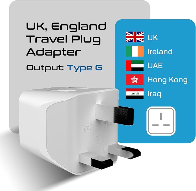 Ceptics UK adapters for Travel to London, Hong Kong, Ireland - Dual USB-A & USA Input - Type G Adapter Grounded - Ideal for Phone, Laptop, Cameras