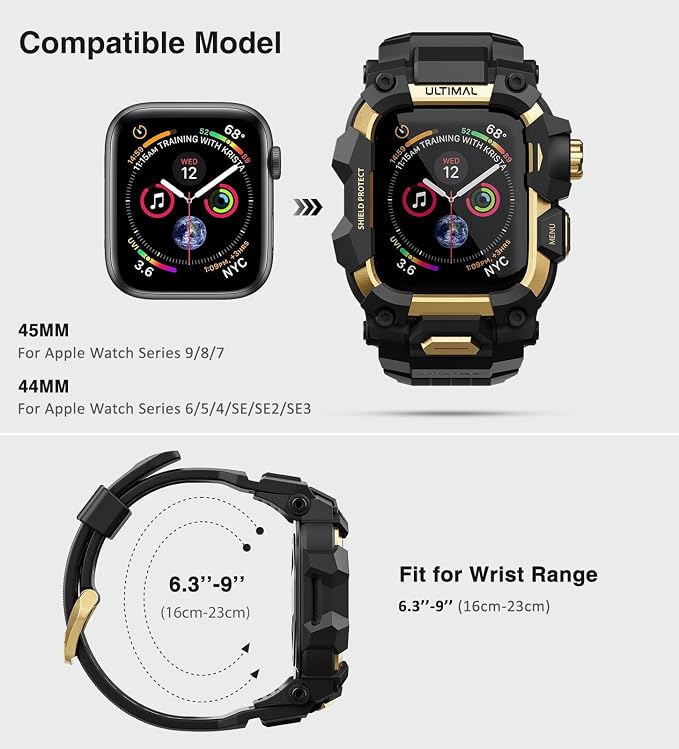 ULTIMAL Rugged Case with Band for Apple Watch 44mm,Compatible with Apple Watch Series SE 3/SE 2/SE Generation/6/5/4, Military Grade Shockproof Bumper Cover for iWatch Tactical Band Men (44mm,Gold)