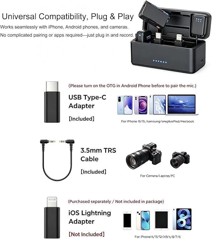 Wireless Lavalier Microphone for iPhone/Android/Camera, Mini Lapel Mic with 2 TX + 1 RX + Charging Case, Noise Cancelling, 48H Battery, 250M Range, Plug-Play for Vlogging Live Streaming