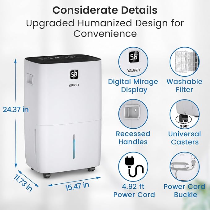 Yaufey 150 Pints Dehumidifier for Home, Basement and Large Room up to 7000 Sq. Ft., with Drain Hose, Timer, Intelligent Humidity Control and Large Water Tank