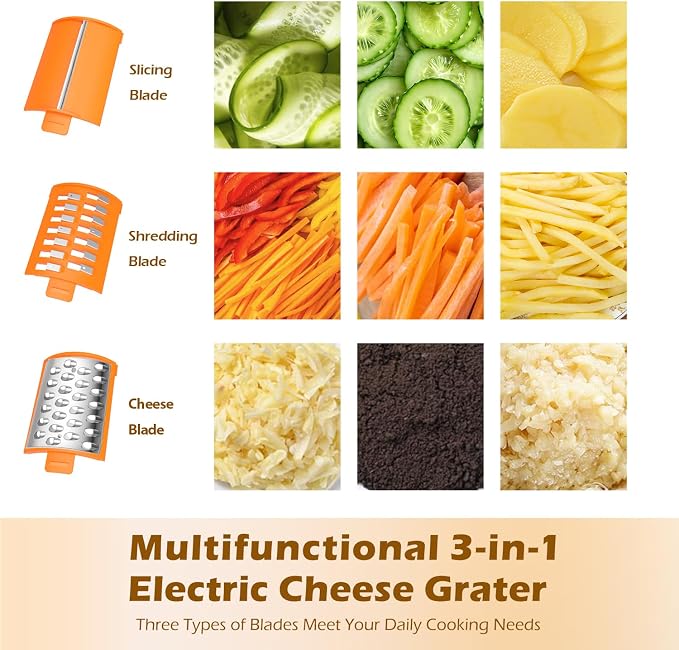 Electric Cheese Grater with 3 Set Blades, Automatic Efficient Slicer & Grater & Shredder for Carrot, Potato, Cabbage & More Vegetables/Salad/Cheese, 4" Large Feed Tube, Built-in Blade Storage Box
