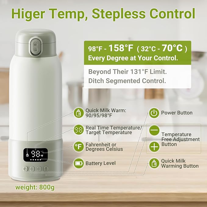 Portable Bottle Warmer, 17oz Large Capacity Milk Warmer for Baby, Fast Heating for Breast Milk & Formula & Water, Long Battery Life Portable Milk Warmer for Travel with Pasteurization, Green