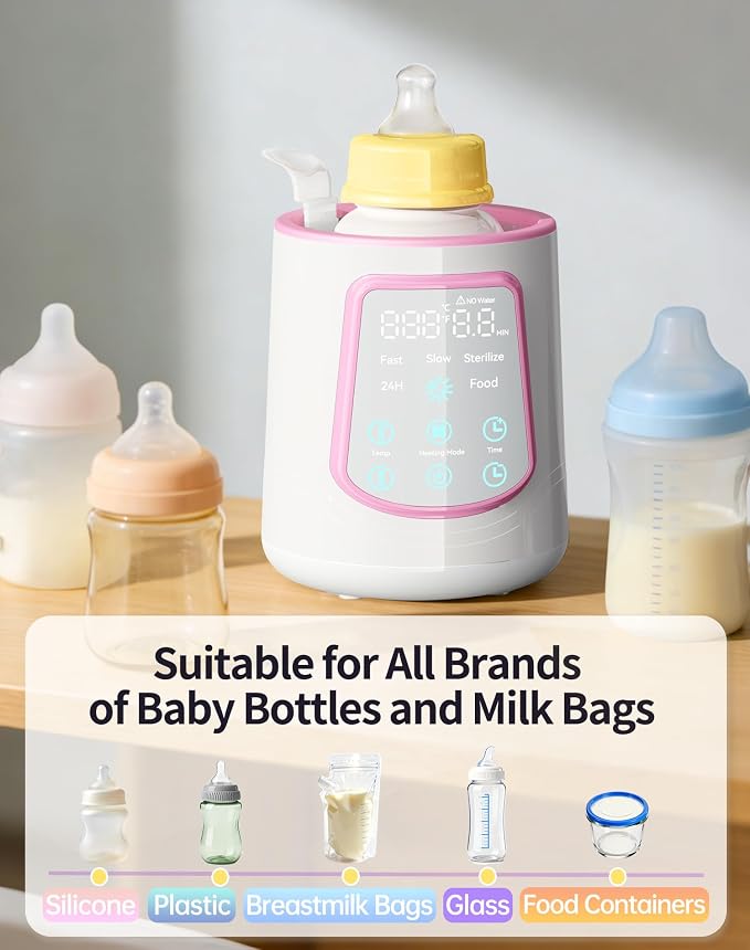 12 in 1 Fast Baby Bottle Warmer with Even Heating No Hot Spots, Night Mode, Sterili-zing,Constant Temp Milk Warmer for Breastmilk & Formula, Fits All Bottles Pink