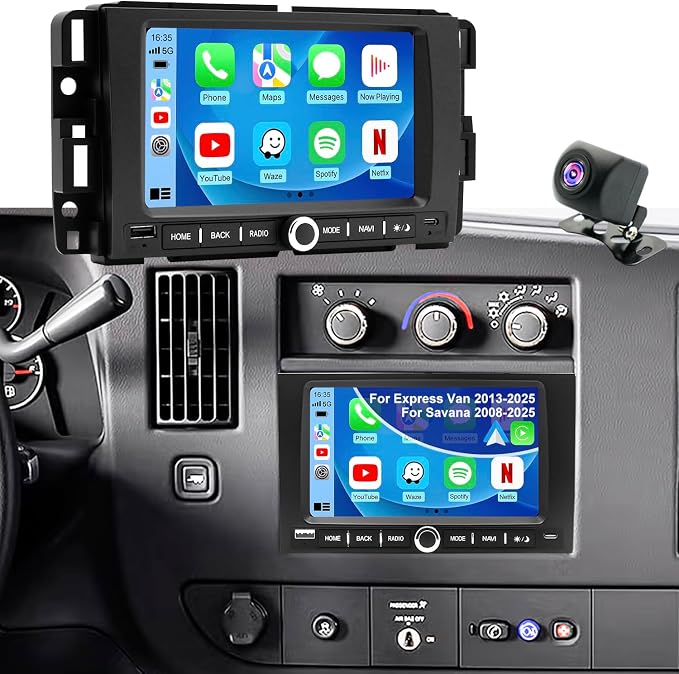 Car Radio for Chevy Express Van 2013-2025, Impala 2006-2013, Traverse 2009-2012, Monte Carlo 2006-2007, for GMC Savana 2008-2025, 7 Inch Touch Screen Stereo Carplay Android Auto GPS FM BT WiFi Camera