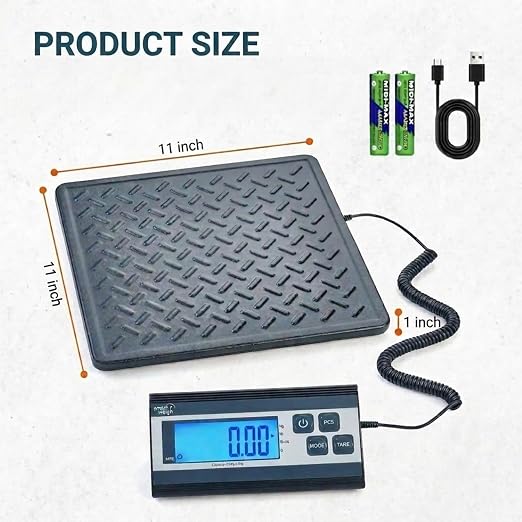 Smart Weigh Digital Postal Shipping Scale, 440 lb Capacity, 1 oz Readability, Tare Function, Battery or USB-C Power, Corded Display, Stainless Steel Large Platform, Black