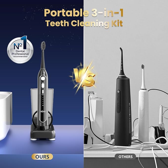 Electric Toothbrush with Water Flosser Combo, 3-in-1 Sonic Flossing Electric Toothbrush for Travel & Home, 330ml Easy-Clean Cup, 5 Speeds & 3 Modes for Braces, IPX7, 30-Day Battery, Black
