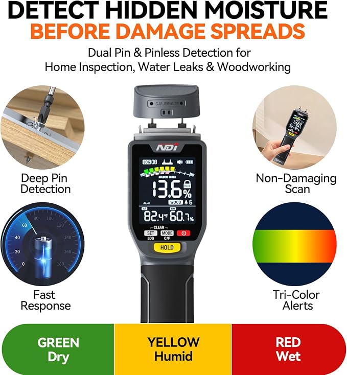 NDI ND316PRO Dual-Mode Moisture Meter – Pin & Pinless Non-Destructive, Wood & Building Materials, Temperature & Humidity Display, Data Log, Backlit LCD