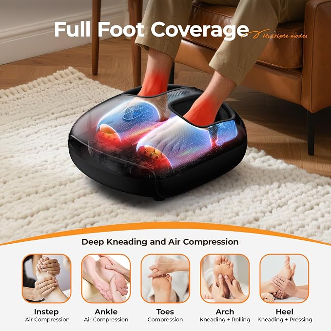 Foot Massager with Heat, 4 Modes & Vibration & Compression & Rolling for Feet Toes Relief, Electric Shiatsu Foot Massager with Remote, Fits Up to Men's Size 13, Gift for Women Men Father's Day