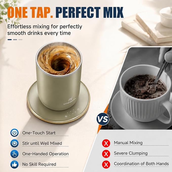 Self Stirring Heated Coffee Mug, 10 oz Auto Magnetic Mixing Cup, SageGreen | 304 stainless steel interior. Includes 3 heat settings, 8H auto shut-off, plug-in base for home office desk