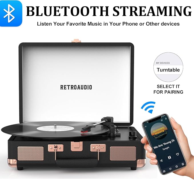 Vinyl Record Player 3 Speed Bluetooth Portable Suitcase Belt-Driven Record Player with 2 Built-in Stereo Speakers Vinyl Vintage Turntable Records Player with RCA Line Out AUX Out (Black&Rose Gold)