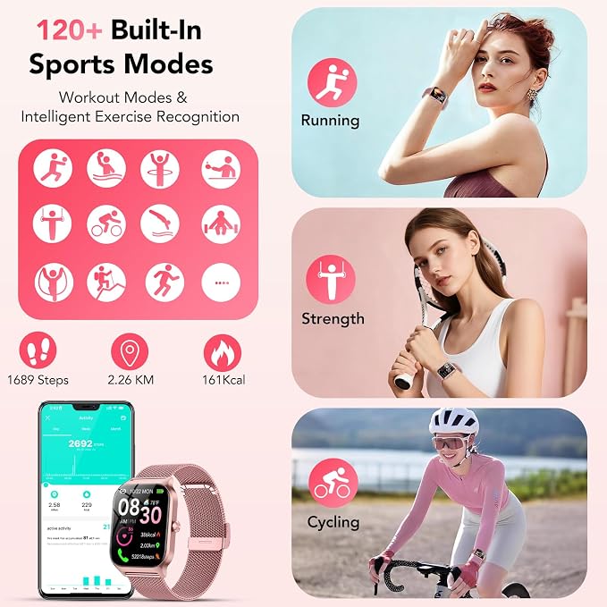 Smart Watch for Women, Answer/Make Call/AI Voice,1.85" HD Smartwatch for iPhone/Samsung/Android, 120+ Sport Modes Fitness Tracker with Heart Rate/Sleep Monitor,IP68 Waterproof (2 Bands)