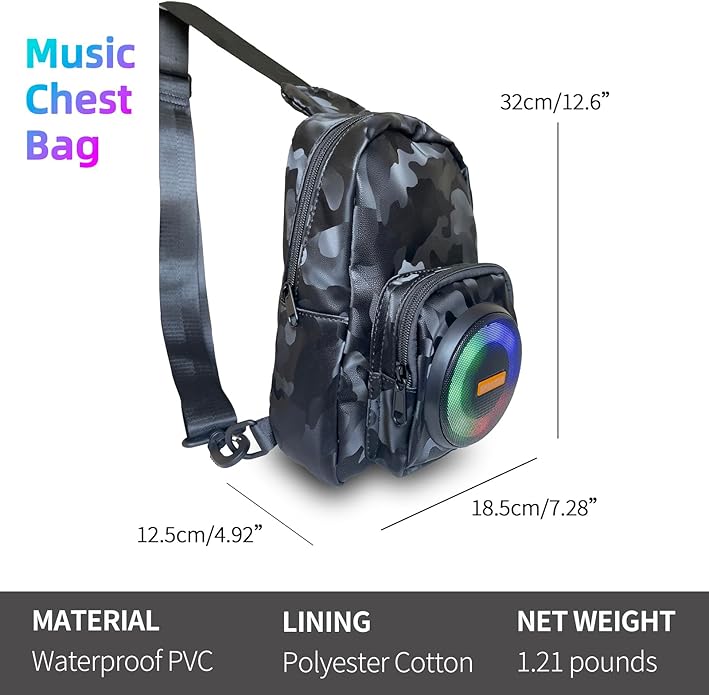 Portable Bluetooth Speaker Bag, Chest Crossbody Sling Bag with LED Light,Wearable Audio Music Shoulder Bag for Hiking Cycling | speaker LED light