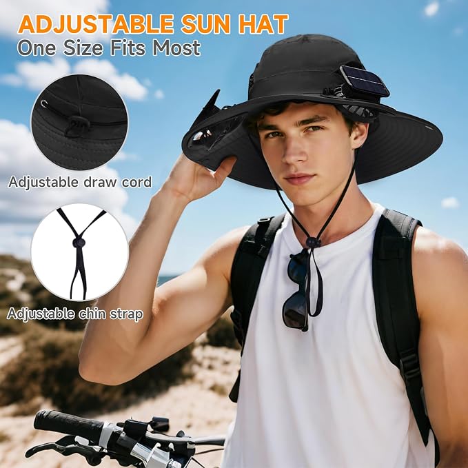 Fishing Hat with Built in Fan, Wide Brim Solar Fan Hat Outdoor Fishing, Solar & USB Charging Sun Bucket Hats for Men Women