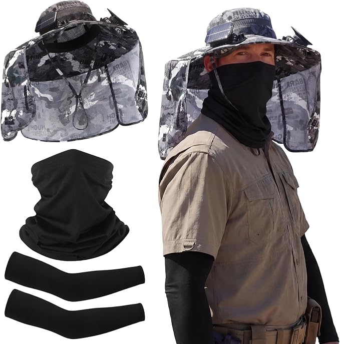 3 Pcs Solar Fan Hat with Arm Sleeves Neck Gaiter Wide Brim Sun Hat Solar Powered USB Charging for Men Women