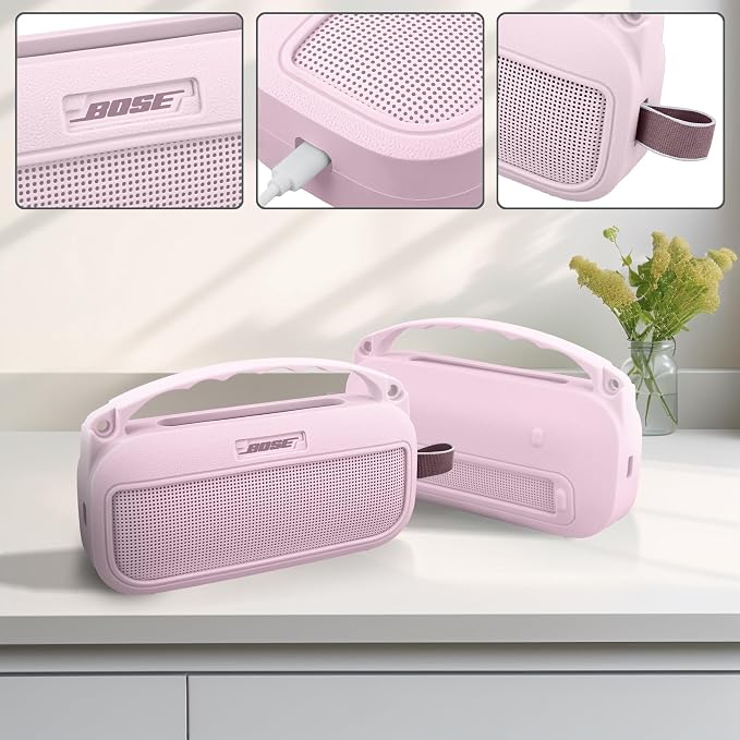 co2CREA Hard and Silicone Case Replacement for Bose New SoundLink Flex 2nd Gen Bluetooth Portable Speaker, with Carabiner and Shoulder Strap (Pink Case)