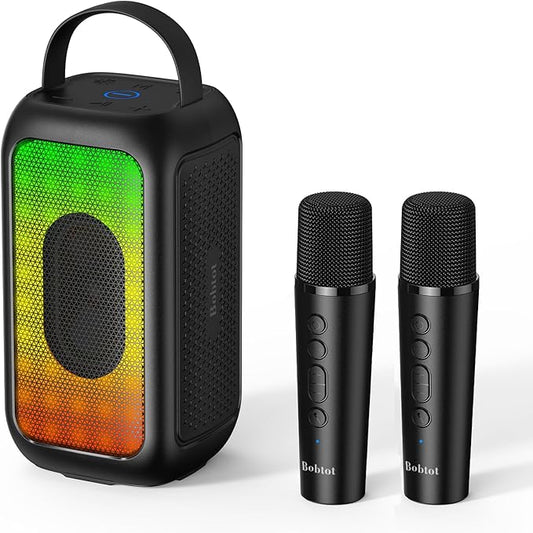 Bobtot Portable Bluetooth Speaker, 16H Playtime Wireless Speakers, Peak Singing Machine with 2 Microphones, Magic Sound, Echo, EQ Mode (Black, with 2 Mics)