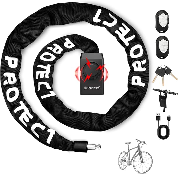 Bike Lock with Alarm – 110dB Anti-Theft Bike Alarm, 4FT x 8mm Heavy Duty Chain with Keys for Bicycle/E-Scooter/Motorcycle
