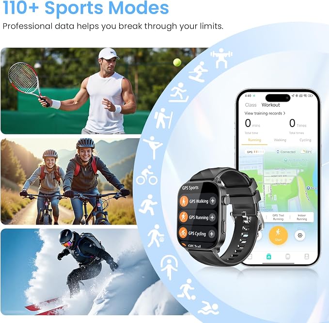 Smart Watch for Men Women with Built-in GPS, Answer/Make Calls, 2.01" Smartwatch for iPhone/Android Phones, Fitness Watch with 110+ Sports Modes Heart Rate/Sleep Monitor, 1 ATM Waterproof (Black)