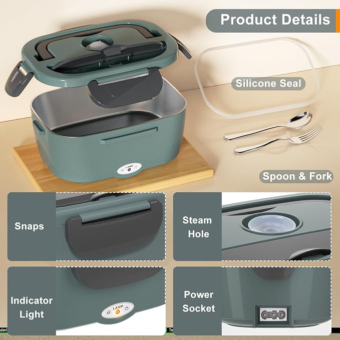 Akhia Electric Lunch Box for Adults Food Heater 80W Heated Lunch Box for Men Work Car Truck 1.5L Portable Food Warmer Heating Lunch Box with 304 Stainless Steel Container12V/24V/110V/220V Food Heater