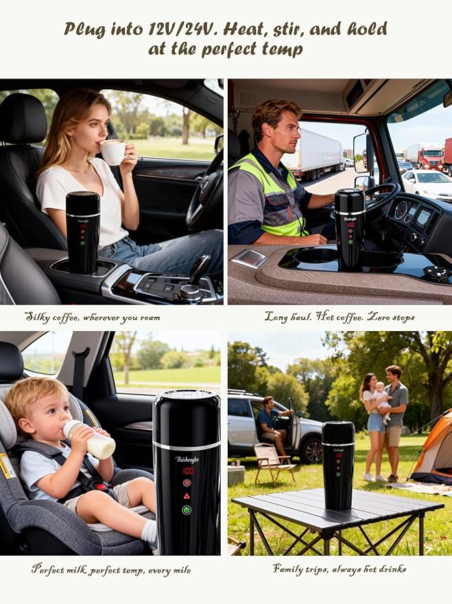 Car Electric Kettle | LED Car Coffee Maker | 12V/24V Car Kettle | 14.2 oz Auto Stir | | IPX7, BPA-Free, Keep-warm 104-194°F, 20-min Boil | Fahrenheit (°F) Display