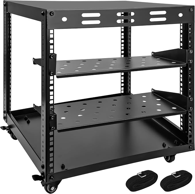 Upgraded 10U Server Rack - 19.7”L x 18.8”W x 23.4”H Open Frame Network Rack, Wall-Mountable & Freestanding with 4 Swivel Casters & 2 Shelves, for Computer/Data/IT/Stereo Equipment, New Model