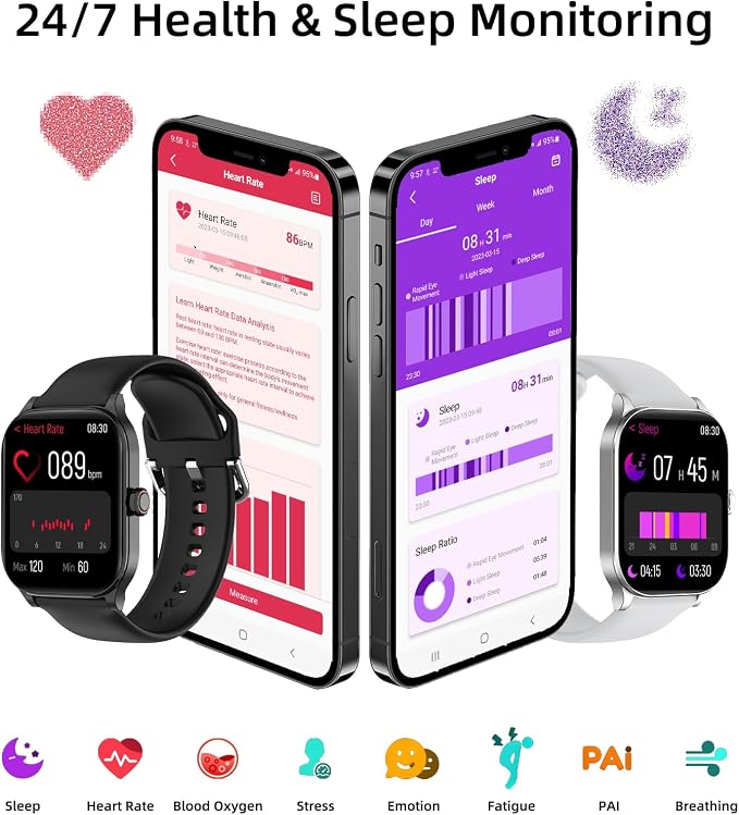 Smart Watch, GPS & Free Maps, 1.96" HD Screen, AI, Bluetooth Call & Text, Health, Fitness & 24/7 Sleep Tracker, 100+ Workout Modes, 5 ATM Water-Resistance, for Men & Women, Android & iOS, 2 Bands
