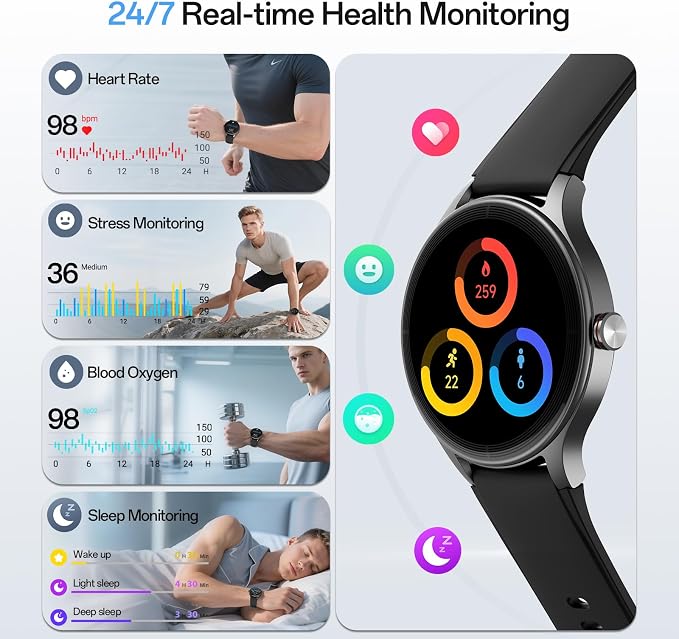 Woneligo Smart Watch,1.57inch AMOLED Touchscreen Fitness Watch for iPhone & Android,Heart Rate/Sp02/Sleep Monitor,110+ Sport Modes IP68 Waterproof Bluetooth Calls,2 Bands (Black, 1.27)